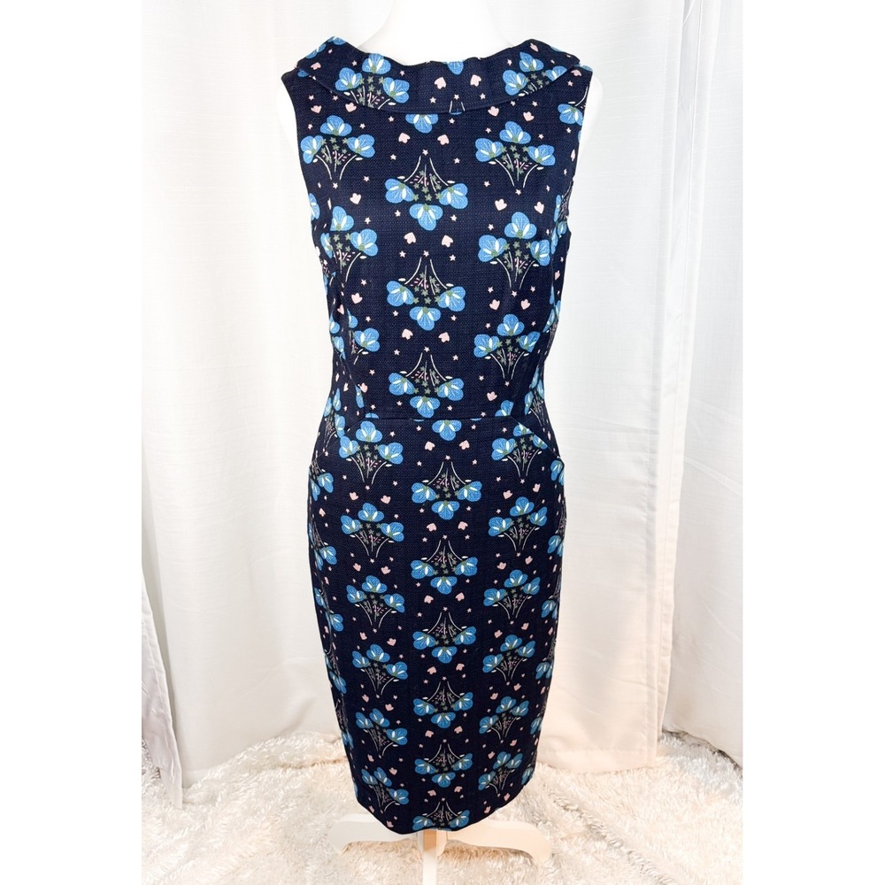 Boden Sheath Dress 6R Navy Blue Floral Cap Sleeve Cotton Stretch Collared Lined